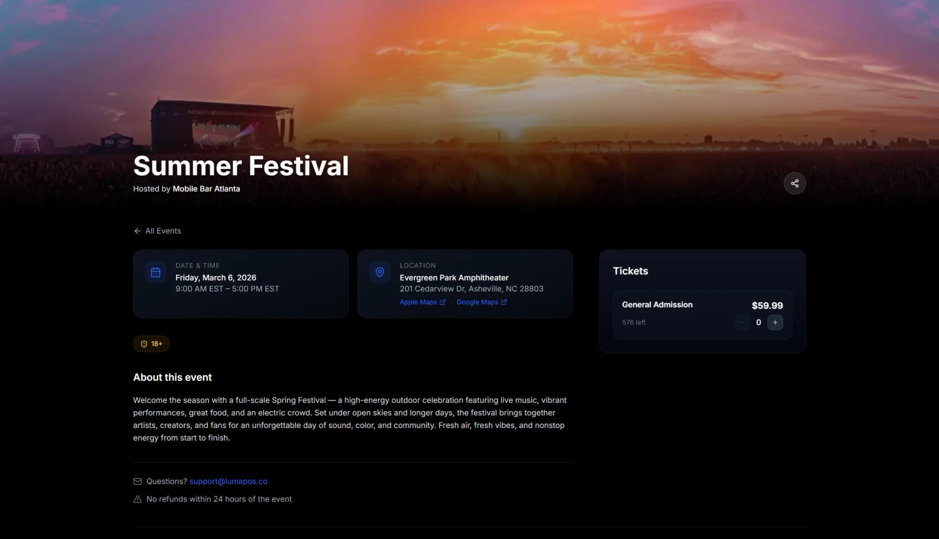Luma event page showing ticket tiers and purchase options